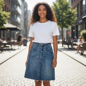 Tory Burch Faux Wrap Jean Denim Skirt w/ Flower Embodied Pocket – Size 2